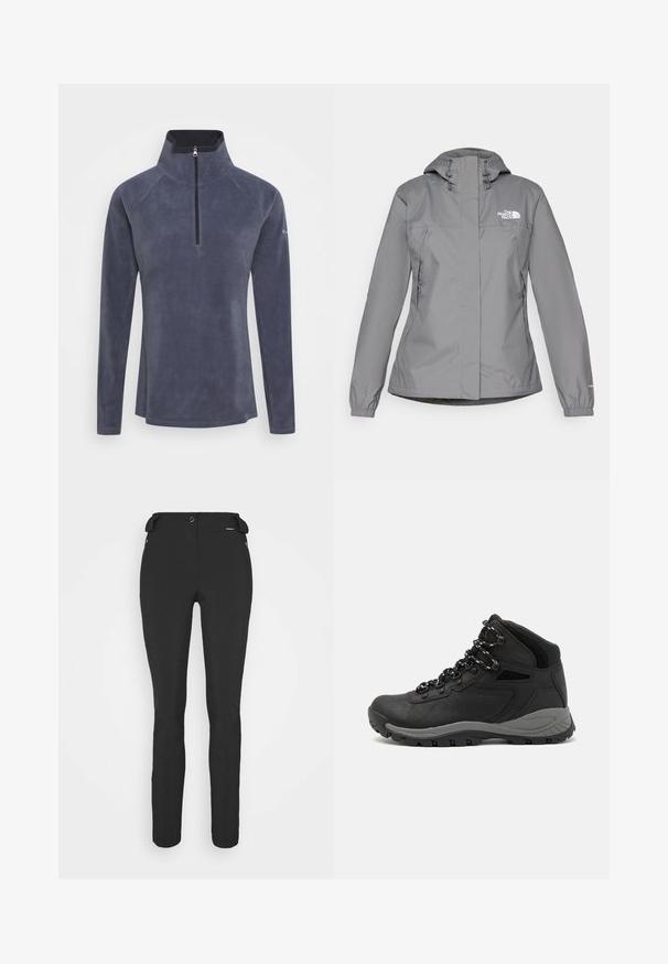 Szara wodoodporna kurtka z kapturem, z elastycznymi mankietami, zamykanymi kieszeniami bocznymi oraz białym logo na lewej piersi. Gładka tekstura.; Granatowy polar z half-zip, raglanowymi rękawami i gładką teksturą. Posiada subtelną poświatę i brak widocznych wzorów.; Czarne, dopasowane spodnie wykonane z elastycznego materiału. Cechy to kieszeń boczna na zamek, strefowe kolana oraz gładka faktura.; Czarne buty trekkingowe z średnim cholewem, z teksturowaną cholewą, szarymi akcentami oraz trwałą gumową podeszwą z wypustkami zapewniającymi przyczepność.