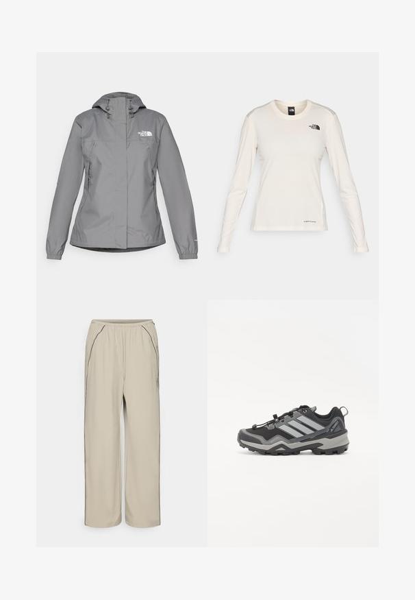Šedá voděodolná bunda s kapucí, vybavená elastickými manžetami, bočními kapsami na zip a bílým logem na levé hrudi. Hladká textura.; The North Face SHADOW LONG SLEEVE - Top s dlouhým rukávem - white dune; Beige, lehké kalhoty s elastickým pasem, bočními kapsami a kontrastním černým švem. Rovný střih, hladká textura.; Černá a šedá turistická bota s texturovaným povrchem, gumovou podrážkou a třemi výraznými šedými pruhy na straně; má systém rychlého šněrování.