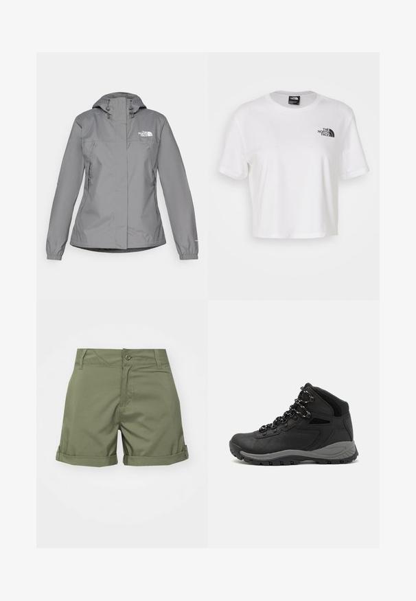 Casaco cinza impermeável com capuz, apresentando punhos elásticos, bolsos laterais com zíper e um logo branco no lado esquerdo do peito. Textura suave.; T-shirt cropped branca feita de algodão com gola redonda e mangas curtas. Apresenta um logótipo preto no lado esquerdo do peito.; Calções verde-oliva feitos de tecido leve, com fecho de botão, bainha dobrada e bolsos frontais e traseiros. Textura suave.; Bota de caminhada preta com design de cano médio, apresentando um upper texturizado, detalhes cinzentos e sola de borracha durável com cravos de tração.