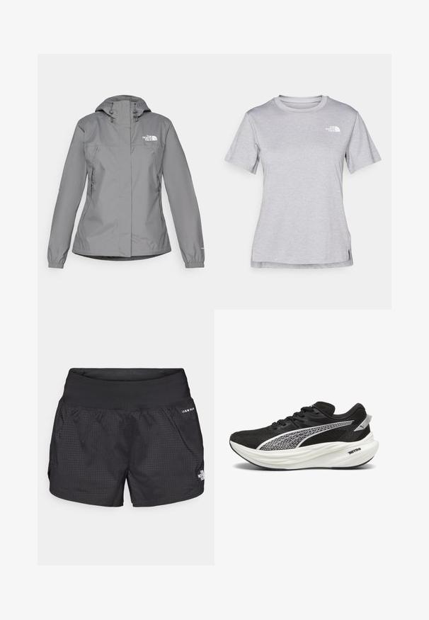 Veste imperméable grise avec capuche, présentant des poignets élastiques, des poches latérales zippées et un logo blanc sur la poitrine gauche. Texture lisse.; T-shirt gris à manches courtes fabriqué en tissu doux et évacuant l'humidité. Il présente un col rond et un petit logo blanc en haut à gauche.; Shorts de course noirs avec un tissu texturé, une taille élastique et des poches latérales ; affiche un petit logo à l'avant.; Baskets de sport noires avec une tige en mesh, accents argentés réfléchissants, une semelle intermédiaire épaisse en blanc et une semelle extérieure en caoutchouc noir.