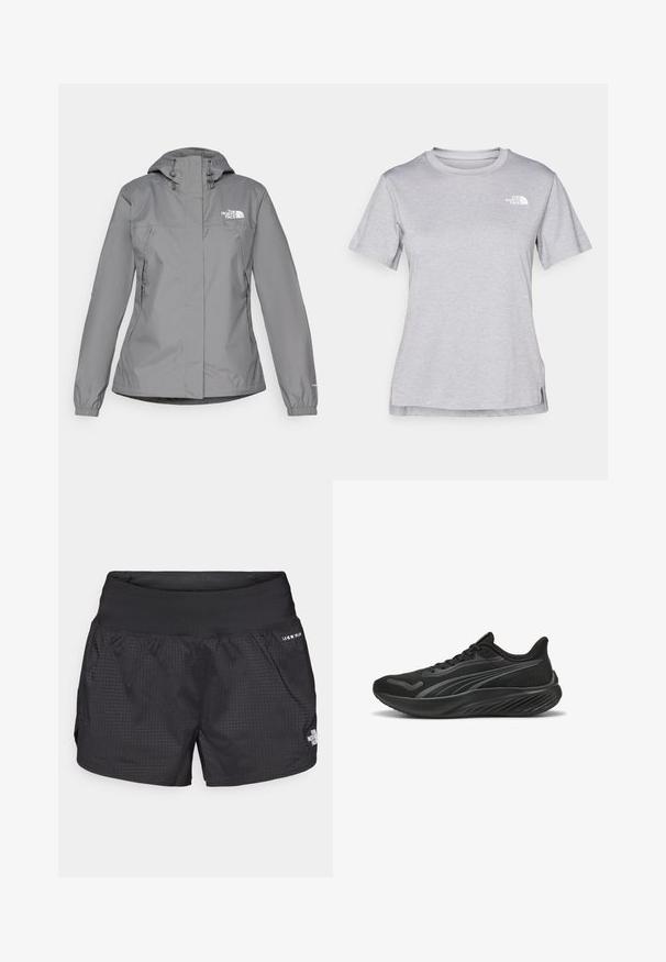 Veste imperméable grise avec capuche, présentant des poignets élastiques, des poches latérales zippées et un logo blanc sur la poitrine gauche. Texture lisse.; T-shirt gris à manches courtes fabriqué en tissu doux et évacuant l'humidité. Il présente un col rond et un petit logo blanc en haut à gauche.; Shorts de course noirs avec un tissu texturé, une taille élastique et des poches latérales ; affiche un petit logo à l'avant.; Chaussure de sport noire avec tige en mesh, détails texturés, lacets plats et semelle rembourrée dotée d'un design ondulé pour une traction et un confort améliorés.