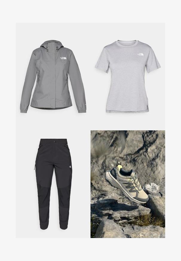 Grå vandtæt jakke med hætte, udstyret med elastiske manchetter, lynlåslommer på siden og et hvidt logo på venstre bryst. Glat overflade.; Grå kortærmet T-shirt lavet af blødt, fugttransporterende materiale. Har en rund hals og et lille hvidt logo øverst til venstre.; Sorte udendørsbukser lavet af slidstærkt stof. Har lynlåslommer, forstærkede knæpaneler og en lige skæring for bedre bevægelighed.; Columbia trail løbesko i lys beige og grå. Mesh-overdel med struktureret detaljering, gummisål og refleksdetaljer. Letvægts design.