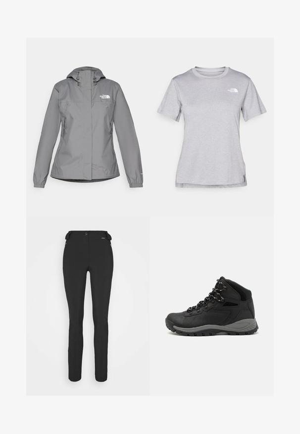 Szürke vízálló dzseki kapucnival, elasztikus mandzsettákkal, cipzáras oldalsó zsebekkel és fehér logóval a bal mellen. Sima textúra.; Szürke, rövid ujjú póló, puha, nedvességet elvezető anyagból készült. Kerek nyakú, és egy kis fehér logó található a bal felső részen.; Fekete, testhezálló nadrág rugalmas anyagból. Jellemzők: cipzáras oldalzseb, artikulált térdek és sima felület.; Fekete túracipő közepes magasságú kialakítással, texturált felsőrésszel, szürke részletekkel és strapabíró gumitalppal, amelynek tapadós kiemelkedései vannak.