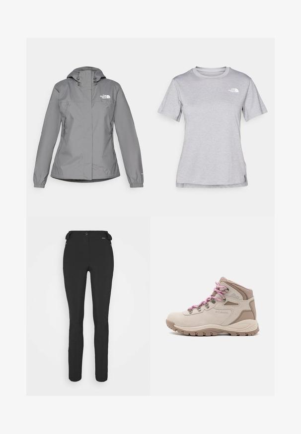 Szara wodoodporna kurtka z kapturem, z elastycznymi mankietami, zamykanymi kieszeniami bocznymi oraz białym logo na lewej piersi. Gładka tekstura.; Szara, krótkozasięgowa koszulka wykonana z miękkiego, odprowadzającego wilgoć materiału. Posiada okrągły dekolt oraz małe białe logo w górnym lewym rogu.; Czarne, dopasowane spodnie wykonane z elastycznego materiału. Cechy to kieszeń boczna na zamek, strefowe kolana oraz gładka faktura.; Beżowe buty trekkingowe z różowymi sznurówkami, zamszowa i syntetyczna cholewka, średnie wykończenie, gumowa podeszwa z bieżnikiem oraz wyściełany kołnierz.