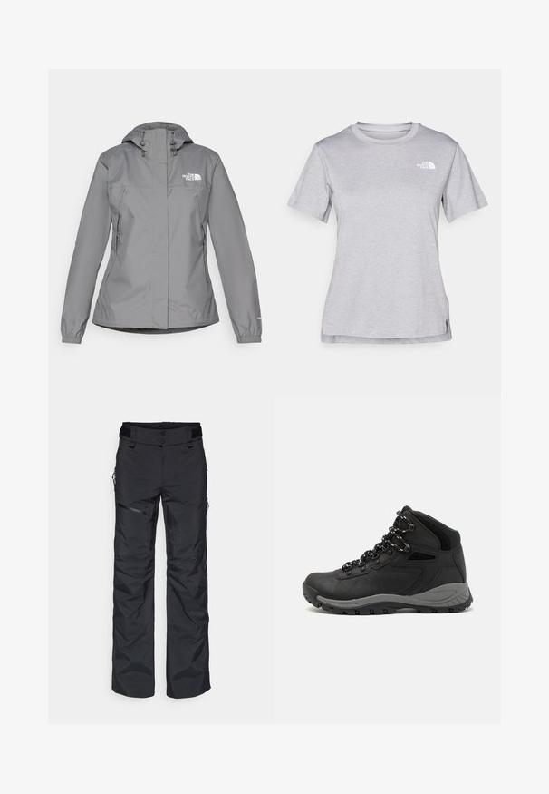 Szara wodoodporna kurtka z kapturem, z elastycznymi mankietami, zamykanymi kieszeniami bocznymi oraz białym logo na lewej piersi. Gładka tekstura.; Szara, krótkozasięgowa koszulka wykonana z miękkiego, odprowadzającego wilgoć materiału. Posiada okrągły dekolt oraz małe białe logo w górnym lewym rogu.; Czarne spodnie narciarskie wykonane z materiału syntetycznego, z prostymi nogawkami, kieszeniami zapinanymi na zamek oraz regulowanym paskiem na rzep.; Czarne buty trekkingowe z średnim cholewem, z teksturowaną cholewą, szarymi akcentami oraz trwałą gumową podeszwą z wypustkami zapewniającymi przyczepność.