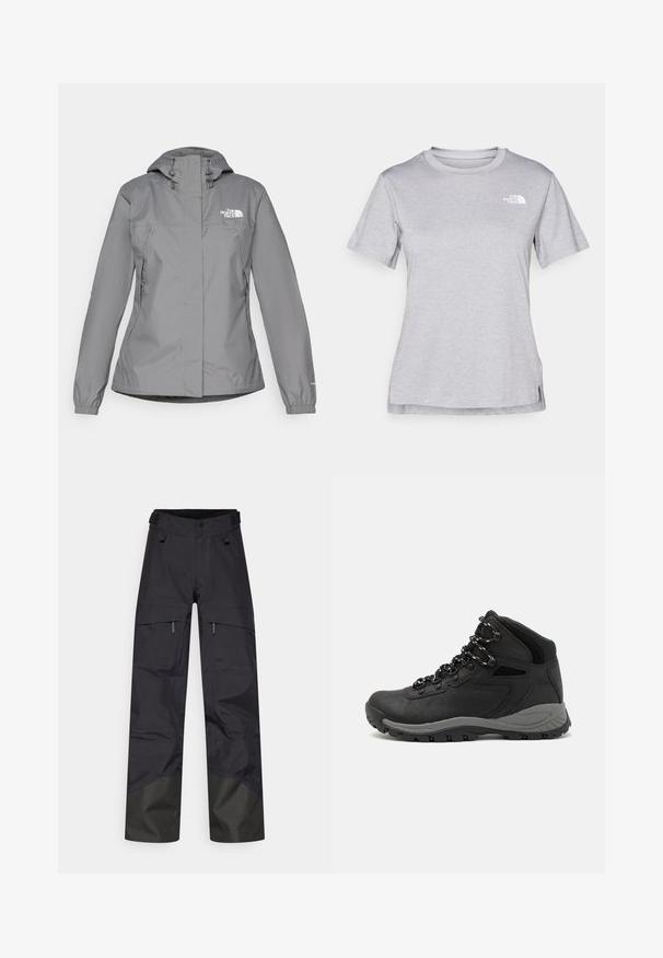 Pelēks ūdensnecaurlaidīgs mētelis ar kapuci, ar elastīgām aprocēm, ar rāvējslēdzēja sānu kabatām un baltu logotipu kreisajā krūtī. Gluda tekstūra.; Pelēks īsām piedurknēm T-krekls, kas izgatavots no mīksta, mitrumu noturoša auduma. Tam ir apaļš kakls un neliels balts logo kreisajā augšējā stūrī.; Melni ūdensizturīgi bikses ar brīvu piegriezumu, ar divām priekšējām kabatām, regulējamu jostu un tumšāku audumu pie potītēm izturībai.; Melni pārgājienu zābaki ar vidēju augstumu, ar teksturētu augšdaļu, pelēkiem akcentiem un izturīgu gumijas zoli ar saķeres izvirzījumiem.
