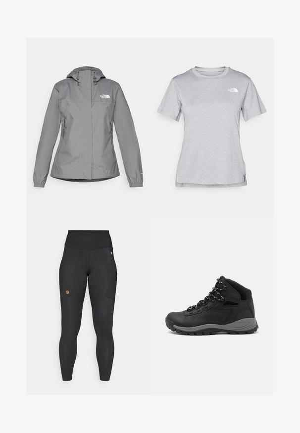 Grå vanntett jakke med hette, med elastiske mansjetter, glidelåslommer på sidene og en hvit logo på venstre bryst. Glatt tekstur.; Grå kortermet t-skjorte laget av myk, fukttransporterende stoff. Har en rund hals og en liten hvit logo på øvre venstre side.; Sorte leggings laget av elastisk materiale med høy midje, sidelommer og et lite brunt logo merket på venstre lår.; Sorte turstøvler med mid-topp design, som har en teksturert overdel, grå detaljer og slitesterk gummisåle med godt grep.