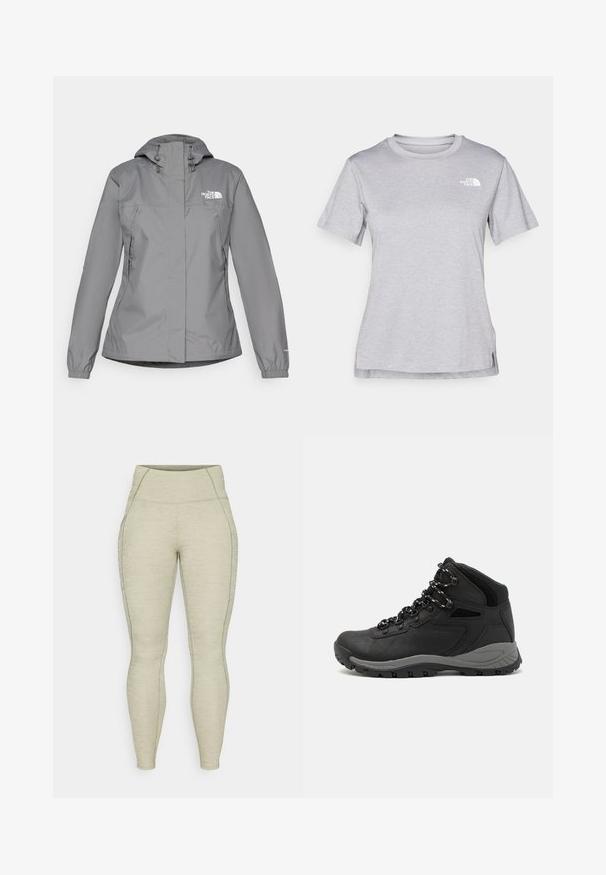 Grå vanntett jakke med hette, med elastiske mansjetter, glidelåslommer på sidene og en hvit logo på venstre bryst. Glatt tekstur.; Grå kortermet t-skjorte laget av myk, fukttransporterende stoff. Har en rund hals og en liten hvit logo på øvre venstre side.; Lys grå treningsleggings med høy midje, teksturert materiale, glatte sømmer og detalj med sidelomme. Fitted design gjennom hele.; Sorte turstøvler med mid-topp design, som har en teksturert overdel, grå detaljer og slitesterk gummisåle med godt grep.