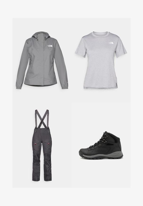 Szürke vízálló dzseki kapucnival, elasztikus mandzsettákkal, cipzáras oldalsó zsebekkel és fehér logóval a bal mellen. Sima textúra.; Szürke, rövid ujjú póló, puha, nedvességet elvezető anyagból készült. Kerek nyakú, és egy kis fehér logó található a bal felső részen.; Fekete vízálló sínadrág állítható vállpántokkal, megerősített térdekkel, több zsebbel és kontrasztos szürke pántokkal. Tartós szövettextúra.; Fekete túracipő közepes magasságú kialakítással, texturált felsőrésszel, szürke részletekkel és strapabíró gumitalppal, amelynek tapadós kiemelkedései vannak.