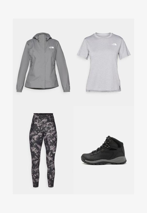 Giacca impermeabile grigia con cappuccio, dotata di polsini elastici, tasche laterali con zip e un logo bianco sul petto sinistro. Texture liscia.; T-shirt grigio a maniche corte realizzato in morbido tessuto traspirante. Presenta un collo tondo e un piccolo logo bianco nella parte superiore sinistra.; Leggings atletici a vita alta in un motivo astratto nero e grigio. Realizzati in tessuto elastico con una texture liscia. Presentano un dettaglio del logo.; Stivale da trekking nero con design a metà altezza, dotato di una tomaia texturizzata, accenti grigi e suola in gomma resistente con tasselli per la trazione.