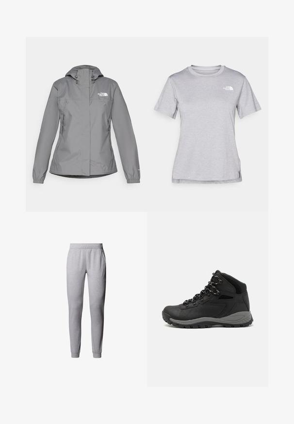 Chaqueta impermeable gris con capucha, que presenta puños elásticos, bolsillos laterales con cremallera y un logo blanco en el lado izquierdo del pecho. Textura suave.; Camiseta gris de manga corta hecha de una suave tela que absorbe la humedad. Presenta un cuello redondo y un pequeño logotipo blanco en la parte superior izquierda.; Pantalones de chándal grises, ajustados y confeccionados en una suave mezcla de algodón, con cinturilla elástica, bolsillos laterales y puños ajustados en los tobillos.; Bota de senderismo negra con un diseño de medio caña, que cuenta con una parte superior texturizada, acentos grises y una suela de goma duradera con tacos de tracción.