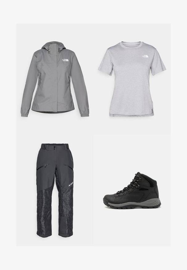 Grå vattentät jacka med huva, med elastiska manschetter, dragkedjefickor på sidan och en vit logotyp på vänster bröst. Slät textur.; Grå kortärmad t-shirt i mjukt, fuktavledande tyg. Har en rund halsringning och en liten vit logotyp på övre vänstra sidan.; Svarta snöbyxor med strukturerade nederdelar, elastisk midja, framfickor med dragkedja och logodetalj på sidan. Hållbart, vattenavvisande material.; Svart vandringskänga med mellanhög design, som har en texturerad överdel, grå accenter och en slitstark gummisula med greppklackar.