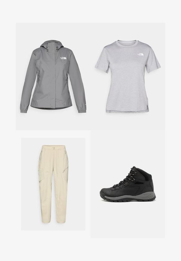 Hallhalli halljak, millel on kapuuts, elastsed mansetid, lukuga küljetaskud ja valge logo vasakul rinnal. Sile tekstuur.; Hall juppuvarrega, pehmeast, niiskust eemaletõukavast kangast lühikeste varrukatega hall T-särk. Omab ümarat kaelust ning väikest valget logo vasakul ülal.; Kerge beežid cargo-püksid elastse vöökohtaga, lukuga taskud ja paneelidega detailid. Valmistatud sujuvast, kergest kangast.; Mustarjaline matkasaabas, millel on keskmine disain, tekstuuriga ülemine osa, hallid aktsendid ja vastupidav kummist põhi, millel on haardelugesid.