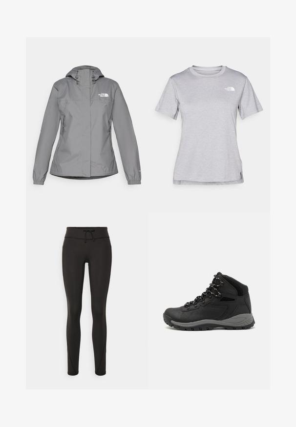 Casaco cinza impermeável com capuz, apresentando punhos elásticos, bolsos laterais com zíper e um logo branco no lado esquerdo do peito. Textura suave.; T-shirt cinza de mangas curtas feito de um tecido suave e que absorve a humidade. Apresenta um decote redondo e um pequeno logotipo branco na parte superior esquerda.; Leggings pretos com uma cintura alta, cordão, textura suave e design ajustado. Apresentam detalhes de costura ao longo das laterais.; Bota de caminhada preta com design de cano médio, apresentando um upper texturizado, detalhes cinzentos e sola de borracha durável com cravos de tração.
