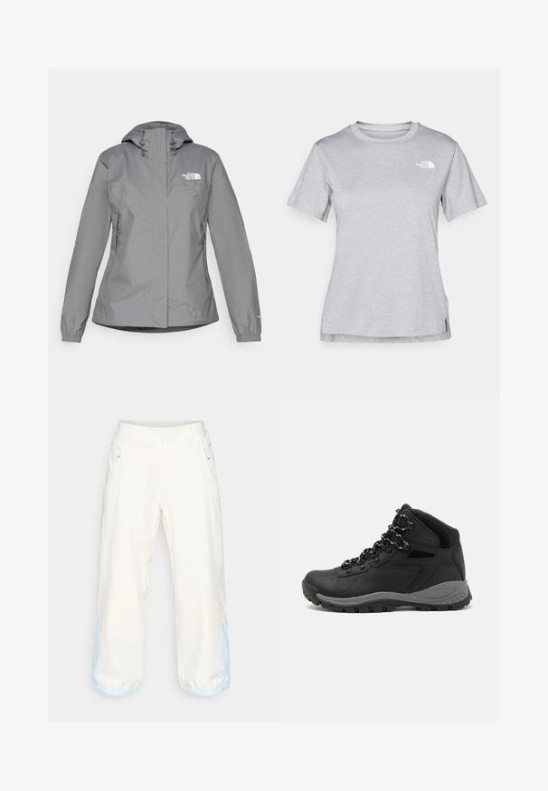 Grau wasserfeste Jacke mit Kapuze, ausgestattet mit elastischen Bündchen, Reißverschlusstaschen an den Seiten und einem weißen Logo auf der linken Brust. Glatte Textur.; Graues T-Shirt mit kurzen Ärmeln aus weichem, feuchtigkeitsableitendem Stoff. Hat einen Rundhalsausschnitt und ein kleines weißes Logo auf der oberen linken Seite.; Helle beige, weit geschnittene Hose mit glatter Textur, versehen mit blauen Akzenten an den Säumen und seitlichen Reißverschlusstaschen. Leichtes Material.; Schwarzer Wanderstiefel mit einem mittelhohen Design, ausgestattet mit einer strukturierten Oberfläche, grauen Akzenten und einer robusten Gummisohle mit Profilstollen.