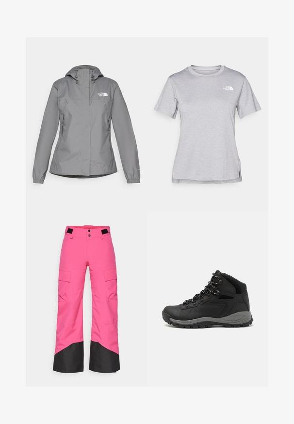 Grau wasserfeste Jacke mit Kapuze, ausgestattet mit elastischen Bündchen, Reißverschlusstaschen an den Seiten und einem weißen Logo auf der linken Brust. Glatte Textur.; Graues T-Shirt mit kurzen Ärmeln aus weichem, feuchtigkeitsableitendem Stoff. Hat einen Rundhalsausschnitt und ein kleines weißes Logo auf der oberen linken Seite.; Rosa Skihosen mit schwarzem unteren Teil, aus strapazierfähigem Material gefertigt. Verfügt über Cargo-Taschen und ein weites Bein-Design für Komfort und Beweglichkeit.; Schwarzer Wanderstiefel mit einem mittelhohen Design, ausgestattet mit einer strukturierten Oberfläche, grauen Akzenten und einer robusten Gummisohle mit Profilstollen.