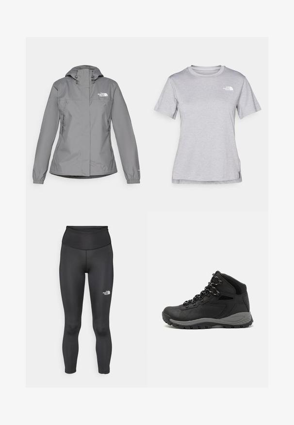 Chaqueta impermeable gris con capucha, que presenta puños elásticos, bolsillos laterales con cremallera y un logo blanco en el lado izquierdo del pecho. Textura suave.; Camiseta gris de manga corta hecha de una suave tela que absorbe la humedad. Presenta un cuello redondo y un pequeño logotipo blanco en la parte superior izquierda.; Leggings negros de cintura alta, fabricados con una tela suave y elástica. Cuentan con un logo en la parte inferior de la pierna y tienen un corte ajustado hasta el tobillo.; Bota de senderismo negra con un diseño de medio caña, que cuenta con una parte superior texturizada, acentos grises y una suela de goma duradera con tacos de tracción.