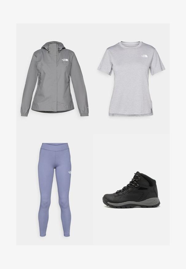 Veste imperméable grise avec capuche, présentant des poignets élastiques, des poches latérales zippées et un logo blanc sur la poitrine gauche. Texture lisse.; T-shirt gris à manches courtes fabriqué en tissu doux et évacuant l'humidité. Il présente un col rond et un petit logo blanc en haut à gauche.; Leggings de sport bleus en tissu doux et extensible. Dotés d'une taille haute et d'un petit logo blanc sur la cuisse gauche.; Botte de randonnée noire au design mi-haut, avec un dessus texturé, des accents gris et une semelle en caoutchouc durable avec des crampons de traction.