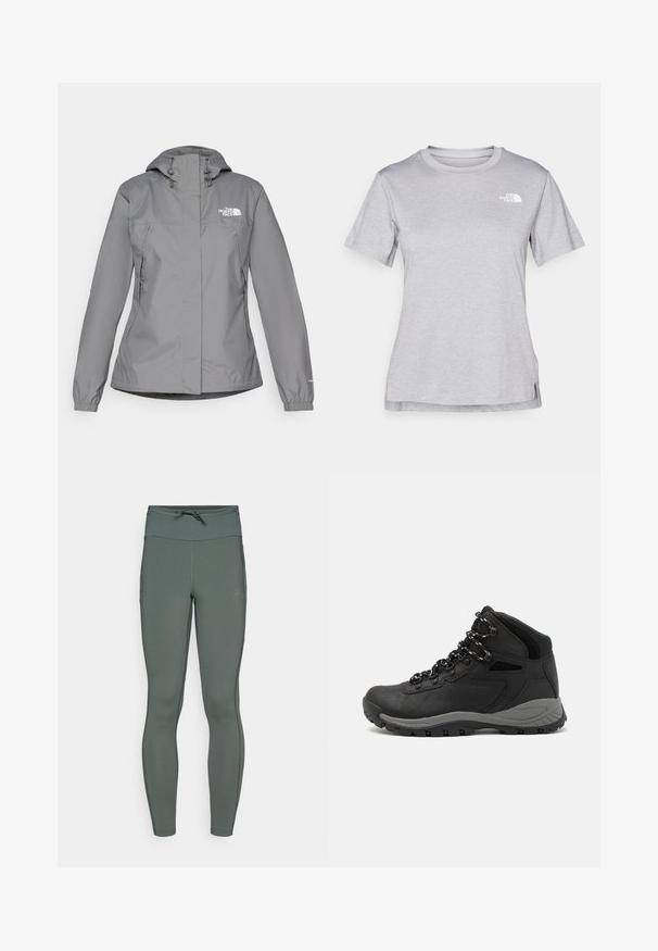 Casaco cinza impermeável com capuz, apresentando punhos elásticos, bolsos laterais com zíper e um logo branco no lado esquerdo do peito. Textura suave.; T-shirt cinza de mangas curtas feito de um tecido suave e que absorve a humidade. Apresenta um decote redondo e um pequeno logotipo branco na parte superior esquerda.; Leggings de cintura alta em verde suave, feitos de um tecido elástico com uma textura suave e costuras planas; apresentam um cós com cordão.; Bota de caminhada preta com design de cano médio, apresentando um upper texturizado, detalhes cinzentos e sola de borracha durável com cravos de tração.