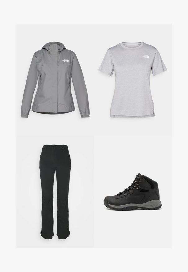 Grå vanntett jakke med hette, med elastiske mansjetter, glidelåslommer på sidene og en hvit logo på venstre bryst. Glatt tekstur.; Grå kortermet t-skjorte laget av myk, fukttransporterende stoff. Har en rund hals og en liten hvit logo på øvre venstre side.; Sorte bukser laget av elastisk stoff, med slank passform, flat livlinje, glidelomme og elastiske mansjetter ved anklene.; Sorte turstøvler med mid-topp design, som har en teksturert overdel, grå detaljer og slitesterk gummisåle med godt grep.