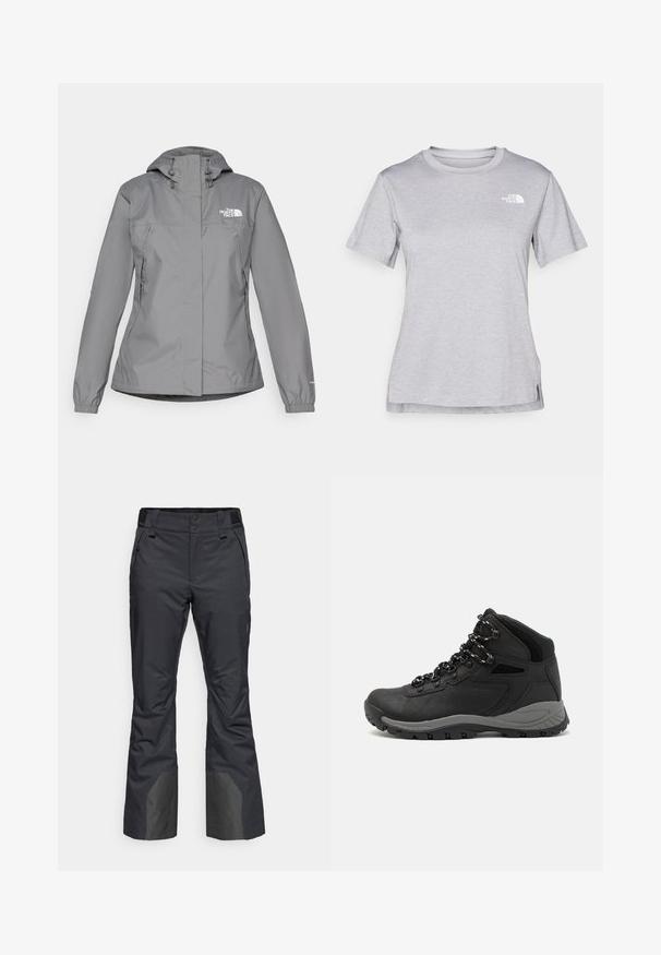 Hallhalli halljak, millel on kapuuts, elastsed mansetid, lukuga küljetaskud ja valge logo vasakul rinnal. Sile tekstuur.; Hall juppuvarrega, pehmeast, niiskust eemaletõukavast kangast lühikeste varrukatega hall T-särk. Omab ümarat kaelust ning väikest valget logo vasakul ülal.; Mustad musta värvi suusapüksid, mis on valmistatud vastupidavast materjalist. Neil on sirge lõike disain, sisseõmmeldud taskud ja tugipaneelid alumises osas, et pakkuda lisakaitset.; Mustarjaline matkasaabas, millel on keskmine disain, tekstuuriga ülemine osa, hallid aktsendid ja vastupidav kummist põhi, millel on haardelugesid.