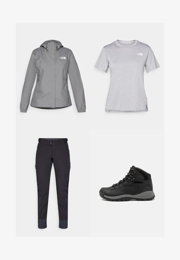 Siva vodootporna jakna s kapuljačom, s elastičnim manžetama, patentnim zatvaračem sa strane i bijelim logoom na lijevoj strani prsnog koša. Glatka tekstura.; Siva kratka majica s kratkim rukavima izrađena od mekog, tkanog materijala koji upija vlagu. Ima okruglu izrez i mali bijeli logo na gornjem lijevom dijelu.; Crne tehničke hlače glatke teksture, s džepovima na patentni zatvarač i suženim nogavicama. Sadrže dvostruko zakopčavanje i ojačane manžete.; Crne planinarske čizme s dizajnom srednjeg vrha, sa teksturiranim gornjim dijelom, sivim akcentima i izdržljivom gumom potplatom s uzorkom za prianjanje.
