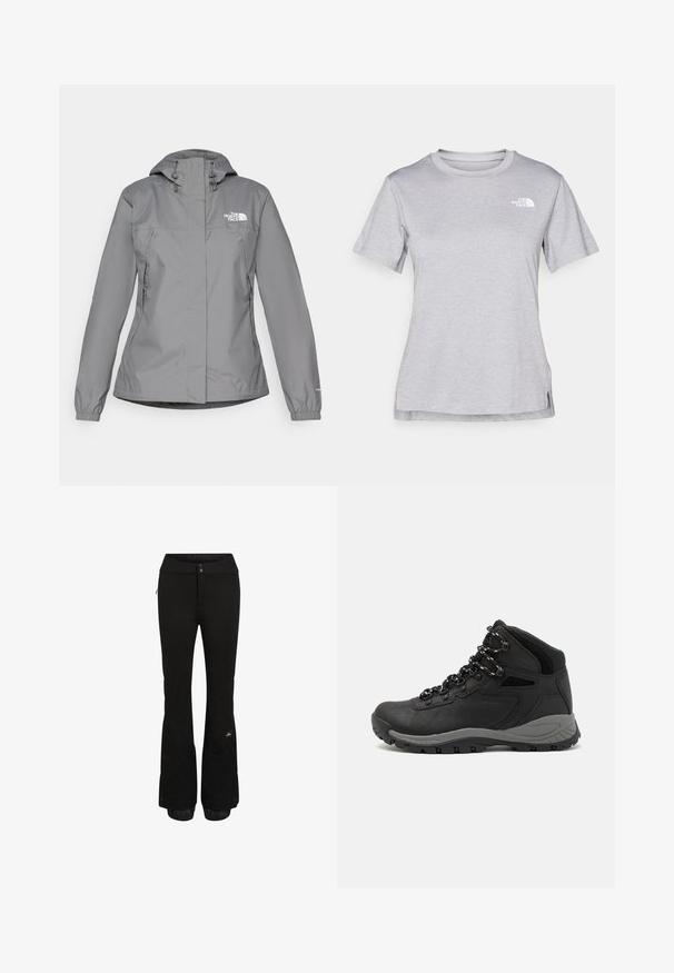 Hallhalli halljak, millel on kapuuts, elastsed mansetid, lukuga küljetaskud ja valge logo vasakul rinnal. Sile tekstuur.; Hall juppuvarrega, pehmeast, niiskust eemaletõukavast kangast lühikeste varrukatega hall T-särk. Omab ümarat kaelust ning väikest valget logo vasakul ülal.; Mustad mustapüksid elegantse disainiga, valmistatud vastupidavast kangast. Omab tõmblukkudega taskuid ja elastseid mansette jalgades koos brändi logo detailiga.; Mustarjaline matkasaabas, millel on keskmine disain, tekstuuriga ülemine osa, hallid aktsendid ja vastupidav kummist põhi, millel on haardelugesid.