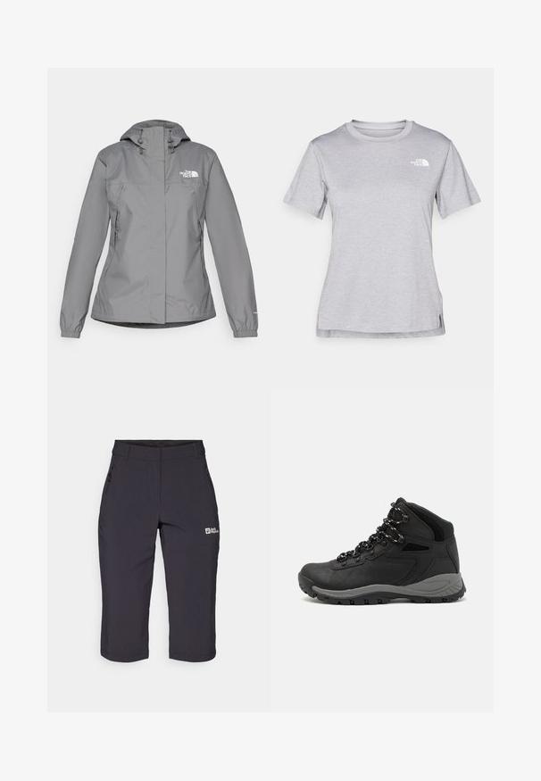 Pilkas vandeniui atsparus švarkas su gobtuvu, turintis elastingus rankogalius, užtrauktuku užsegamas šonines kišenes ir baltą logotipą kairėje krūtinės pusėje. Lygus paviršius.; Pilkas trumpomis rankovėmis marškinėliai, pagaminti iš minkštos, drėgmę sugeriančios medžiagos. Turi apvalią iškirptę ir mažą baltą logotipą viršutiniame kairiajame kampe.; Tamsiai pilki lauko šortai su lygiu tekstūra, turintys užtrauktuko kišenę ir logotipą kairėje pusėje. Vidutinio ilgio, iki šlaunies.; Juodas žygio botas su vidutinio aukščio dizainu, pasižymintis tekstūruota viršutine dalimi, pilkų akcentų ir patvaria guma padanga su sukibimo gumbais.