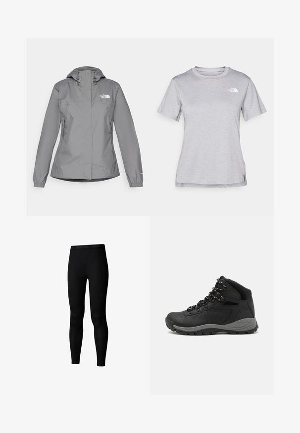 Harmaa vedenpitävä takki hupulla, jossa on joustavat hihansuut, vetoketjulliset sivutaskut ja valkoinen logo vasemmassa rinnassa. Silkkinen tekstuuri.; Harmaa lyhythihainen t-paita, joka on valmistettu pehmeästä, kosteutta siirtävästä kankaasta. Siinä on pyöreä kaula-aukko ja pieni valkoinen logo vasemmassa yläkulmassa.; The North Face W EASY TIGHTS - Trikoot - tnf black; Musta vaelluskenkä, jossa on puolivartinen muotoilu, jolle on ominaista teksturoitu päällinen, harmaat yksityiskohdat ja kestävä kumipohja, jossa on pitoita lisääviä lukuja.