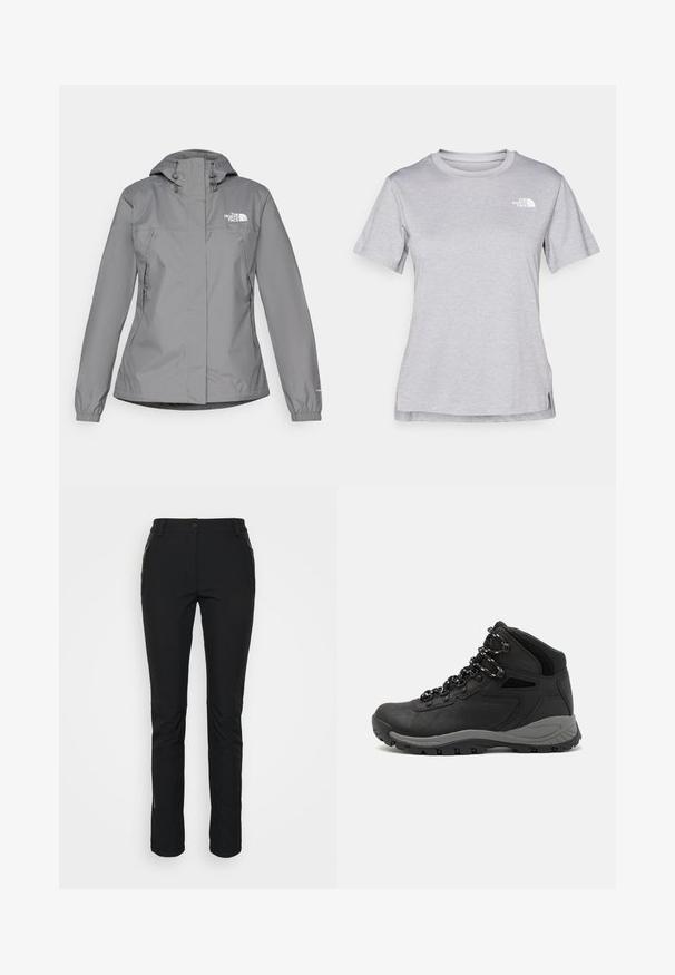 Hallhalli halljak, millel on kapuuts, elastsed mansetid, lukuga küljetaskud ja valge logo vasakul rinnal. Sile tekstuur.; Hall juppuvarrega, pehmeast, niiskust eemaletõukavast kangast lühikeste varrukatega hall T-särk. Omab ümarat kaelust ning väikest valget logo vasakul ülal.; Mustad mustust venitatavaid, veekindlaid pükse, millel on kitsas lõige. Omab kahte lukuga küljetaskut ja tugevdust põlve piirkondades. Sile tekstuur.; Mustarjaline matkasaabas, millel on keskmine disain, tekstuuriga ülemine osa, hallid aktsendid ja vastupidav kummist põhi, millel on haardelugesid.