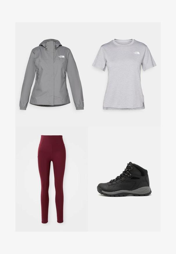 Gray waterproof jacket with a hood, featuring elastic cuffs, zippered side pockets, and a white logo on the left chest. Smooth texture.; Grey short-sleeve t-shirt made of soft, moisture-wicking fabric. Features a crew neck and a small white logo on the upper left.; Burgundy high-waisted leggings made of stretchy fabric, featuring a smooth texture and a side pocket detail.; Black hiking boot with a mid-top design, featuring a textured upper, gray accents, and durable rubber sole with traction lugs.