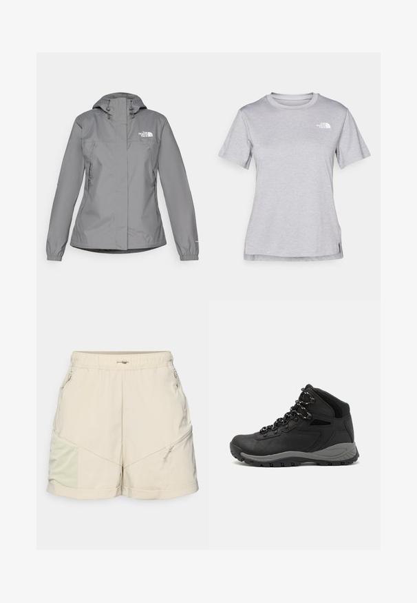 Pelēks ūdensnecaurlaidīgs mētelis ar kapuci, ar elastīgām aprocēm, ar rāvējslēdzēja sānu kabatām un baltu logotipu kreisajā krūtī. Gluda tekstūra.; Pelēks īsām piedurknēm T-krekls, kas izgatavots no mīksta, mitrumu noturoša auduma. Tam ir apaļš kakls un neliels balts logo kreisajā augšējā stūrī.; Gai bēšas shorts, izgatavoti no mīksta auduma, ar elastīgu jostasvieta, divām slēdzamām kabatām un kontrastējošu teksturētu ielikni sānos.; Melni pārgājienu zābaki ar vidēju augstumu, ar teksturētu augšdaļu, pelēkiem akcentiem un izturīgu gumijas zoli ar saķeres izvirzījumiem.