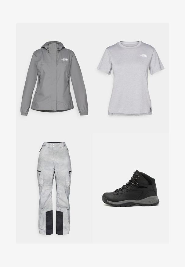 Hallhalli halljak, millel on kapuuts, elastsed mansetid, lukuga küljetaskud ja valge logo vasakul rinnal. Sile tekstuur.; Hall juppuvarrega, pehmeast, niiskust eemaletõukavast kangast lühikeste varrukatega hall T-särk. Omab ümarat kaelust ning väikest valget logo vasakul ülal.; Hallid hõbedased lume püksid, millel on ruuduline muster, mustad detailid, reguleeritav vöökoht, lukuga taskud ning tugevdatud mustad ääred.; Mustarjaline matkasaabas, millel on keskmine disain, tekstuuriga ülemine osa, hallid aktsendid ja vastupidav kummist põhi, millel on haardelugesid.