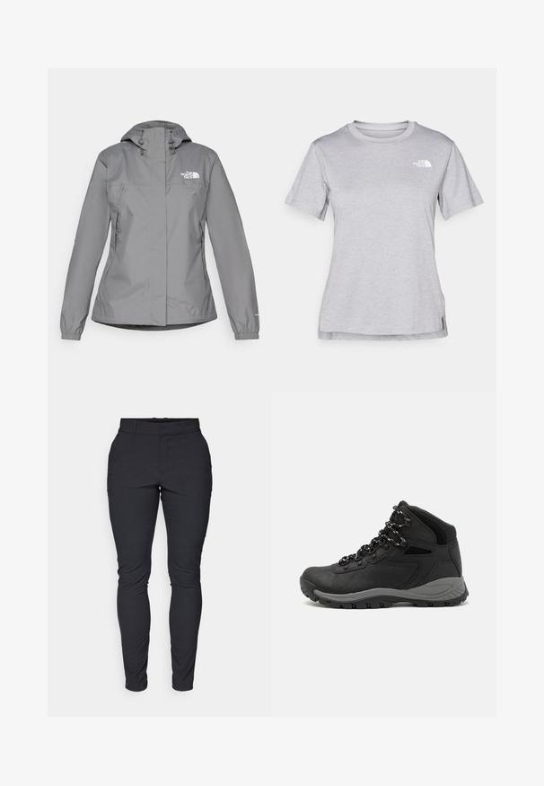 Szara wodoodporna kurtka z kapturem, z elastycznymi mankietami, zamykanymi kieszeniami bocznymi oraz białym logo na lewej piersi. Gładka tekstura.; Szara, krótkozasięgowa koszulka wykonana z miękkiego, odprowadzającego wilgoć materiału. Posiada okrągły dekolt oraz małe białe logo w górnym lewym rogu.; Czarne, slim-fit spodnie wykonane z elastycznej tkaniny. Posiadają talię, szlufki na pasek oraz zamek błyskawiczny z przodu z guzikiem. Bez widocznych wzorów.; Czarne buty trekkingowe z średnim cholewem, z teksturowaną cholewą, szarymi akcentami oraz trwałą gumową podeszwą z wypustkami zapewniającymi przyczepność.