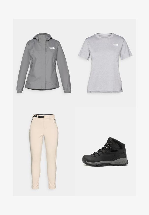 Grijze waterdichte jas met een capuchon, voorzien van elastische manchetten, ritszakken aan de zijkanten en een wit logo op de linkerborst. Glad van structuur.; Grijze T-shirt met korte mouwen, gemaakt van zachte, vochtabsorberende stof. Heeft een ronde hals en een klein wit logo op de bovenste linkerzijde.; Beige, nauwsluitende broeken van een gestructureerde stof. Voorzien van een zwarte, verstelbare tailleband en met rits afgesloten zakken aan de zijkanten.; Zwarte wandelschoen met een mid-top ontwerp, voorzien van een gestructureerde bovenkant, grijze accenten en een duurzame rubberen zool met gripnoppen.