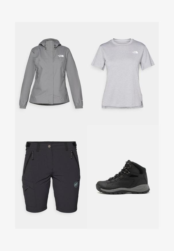 Casaco cinza impermeável com capuz, apresentando punhos elásticos, bolsos laterais com zíper e um logo branco no lado esquerdo do peito. Textura suave.; T-shirt cinza de mangas curtas feito de um tecido suave e que absorve a humidade. Apresenta um decote redondo e um pequeno logotipo branco na parte superior esquerda.; Calções pretos com uma textura suave, apresentando dois bolsos com fecho, um bolso de carga e o logótipo de um elefante no canto inferior direito.; Bota de caminhada preta com design de cano médio, apresentando um upper texturizado, detalhes cinzentos e sola de borracha durável com cravos de tração.