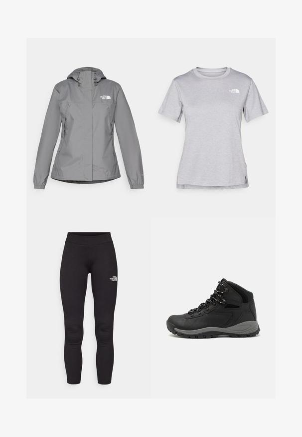 Szürke vízálló dzseki kapucnival, elasztikus mandzsettákkal, cipzáras oldalsó zsebekkel és fehér logóval a bal mellen. Sima textúra.; Szürke, rövid ujjú póló, puha, nedvességet elvezető anyagból készült. Kerek nyakú, és egy kis fehér logó található a bal felső részen.; Fekete sport leggings elasztikus anyagból. Magas derékú, a bal combon egy kis fehér logó díszíti. Sima tapintású.; Fekete túracipő közepes magasságú kialakítással, texturált felsőrésszel, szürke részletekkel és strapabíró gumitalppal, amelynek tapadós kiemelkedései vannak.
