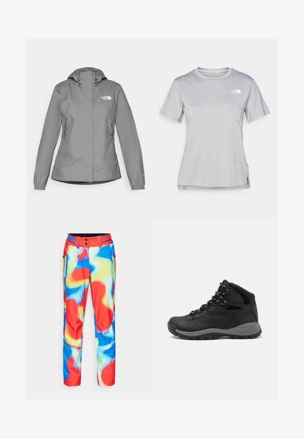 Szürke vízálló dzseki kapucnival, elasztikus mandzsettákkal, cipzáras oldalsó zsebekkel és fehér logóval a bal mellen. Sima textúra.; Szürke, rövid ujjú póló, puha, nedvességet elvezető anyagból készült. Kerek nyakú, és egy kis fehér logó található a bal felső részen.; Színes sínadrág sima, vízlepergető anyagból, amely absztrakt mintákkal rendelkezik piros, kék, sárga és fehér színekben. Cipzárakkal és övbujtókkal ellátva.; Fekete túracipő közepes magasságú kialakítással, texturált felsőrésszel, szürke részletekkel és strapabíró gumitalppal, amelynek tapadós kiemelkedései vannak.
