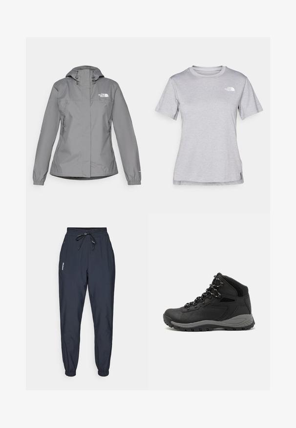 Gray waterproof jacket with a hood, featuring elastic cuffs, zippered side pockets, and a white logo on the left chest. Smooth texture.; Grey short-sleeve t-shirt made of soft, moisture-wicking fabric. Features a crew neck and a small white logo on the upper left.; Dark blue jogger pants with an elastic waist and adjustable drawstring. Features tapered cuffs and a side logo detail.; Black hiking boot with a mid-top design, featuring a textured upper, gray accents, and durable rubber sole with traction lugs.
