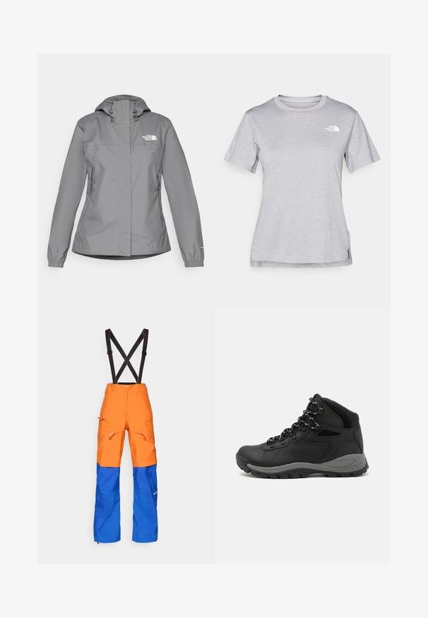 Šedá nepremokavá bunda s kapucňou, ktorá má elastické manžety, bočné vrecká na zips a biele logo na ľavej hrudi. Hladká textura.; Sivý tričko s krátkym rukávom vyrobené z jemného, vlhkosť odvádzajúceho materiálu. Obsahuje okrúhly výstrih a malé biele logo na hornej ľavej strane.; Oranžové a modré snehové nohavice s nastaviteľnými čiernymi traky, zipsovými vreckami a textúrovaným povrchom na spodnej časti. Obsahujú kontrastné prešívanie.; Čierna turistická obuv s polovičným strihom, s textúrovaným zvrškom, šedými akcentmi a odolnou gumovou podrážkou s protišmykovými hrebienkami.