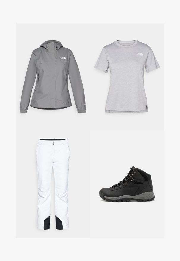 Grau wasserfeste Jacke mit Kapuze, ausgestattet mit elastischen Bündchen, Reißverschlusstaschen an den Seiten und einem weißen Logo auf der linken Brust. Glatte Textur.; Graues T-Shirt mit kurzen Ärmeln aus weichem, feuchtigkeitsableitendem Stoff. Hat einen Rundhalsausschnitt und ein kleines weißes Logo auf der oberen linken Seite.; Weiße Schneehosen mit einem schlanken Design, ausgestattet mit zwei Fronttaschen, verstärkten schwarzen unteren Paneelen und einem Knopfverschluss am Bund.; Schwarzer Wanderstiefel mit einem mittelhohen Design, ausgestattet mit einer strukturierten Oberfläche, grauen Akzenten und einer robusten Gummisohle mit Profilstollen.
