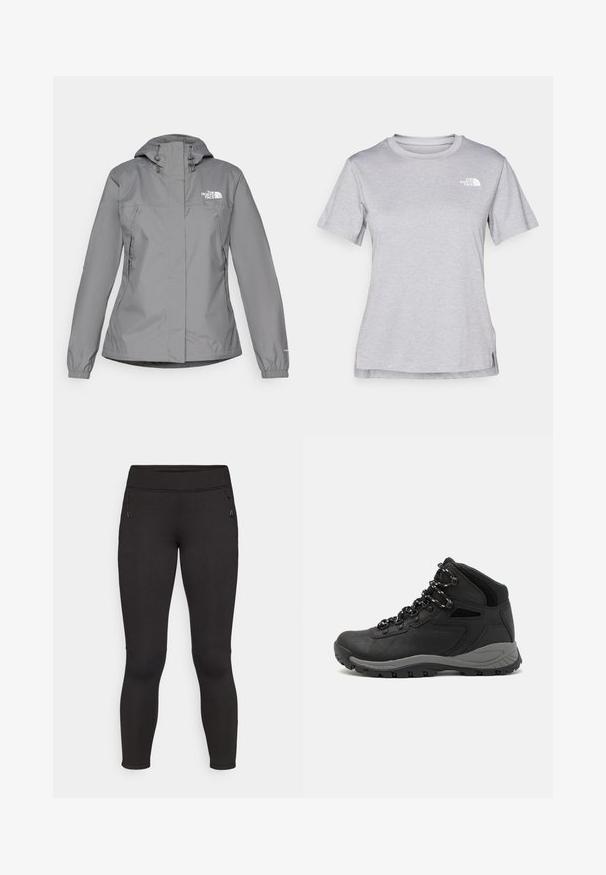 Harmaa vedenpitävä takki hupulla, jossa on joustavat hihansuut, vetoketjulliset sivutaskut ja valkoinen logo vasemmassa rinnassa. Silkkinen tekstuuri.; Harmaa lyhythihainen t-paita, joka on valmistettu pehmeästä, kosteutta siirtävästä kankaasta. Siinä on pyöreä kaula-aukko ja pieni valkoinen logo vasemmassa yläkulmassa.; Mustat urheilulegginssit, joissa on sileä pinta, joustava vyötärö ja kaksi vetoketjullista sivutaskua. Kuntovalikoima ja täyspitkät.; Musta vaelluskenkä, jossa on puolivartinen muotoilu, jolle on ominaista teksturoitu päällinen, harmaat yksityiskohdat ja kestävä kumipohja, jossa on pitoita lisääviä lukuja.