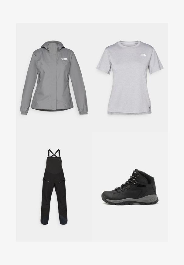 Šedá voděodolná bunda s kapucí, vybavená elastickými manžetami, bočními kapsami na zip a bílým logem na levé hrudi. Hladká textura.; Šedé tričko s krátkým rukávem vyrobené z měkké, vlhkosti odvádějící tkaniny. Obsahuje kulatý výstřih a malé bílé logo na levém horním rukávu.; Černé voděodolné zimní kombinézy se nastavovacími popruhy, předními zipovými kapsami a vyztuženými nohavicemi. Vyrobeno z odolné látky vhodné pro venkovní použití.; Černé turistické boty s mírně vyšším střihem, které mají texturovaný svršek, šedé detaily a odolnou gumovou podrážku s trakčními výstupky.