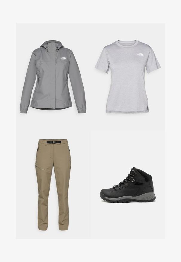 Šedá voděodolná bunda s kapucí, vybavená elastickými manžetami, bočními kapsami na zip a bílým logem na levé hrudi. Hladká textura.; Šedé tričko s krátkým rukávem vyrobené z měkké, vlhkosti odvádějící tkaniny. Obsahuje kulatý výstřih a malé bílé logo na levém horním rukávu.; Khaki outdoor kalhoty s elastickým pasem a černým opaskem. Obsahují boční zipové kapsy a hladkou, texturovanou tkaninu.; Černé turistické boty s mírně vyšším střihem, které mají texturovaný svršek, šedé detaily a odolnou gumovou podrážku s trakčními výstupky.