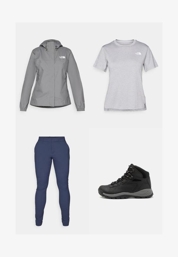 Grijze waterdichte jas met een capuchon, voorzien van elastische manchetten, ritszakken aan de zijkanten en een wit logo op de linkerborst. Glad van structuur.; Grijze T-shirt met korte mouwen, gemaakt van zachte, vochtabsorberende stof. Heeft een ronde hals en een klein wit logo op de bovenste linkerzijde.; Marineblauwe broek gemaakt van een gladde, rekbare stof. Bevat een slim fit, een vlakke voorkant en taps toelopende pijpen. Geen zichtbare versieringen.; Zwarte wandelschoen met een mid-top ontwerp, voorzien van een gestructureerde bovenkant, grijze accenten en een duurzame rubberen zool met gripnoppen.