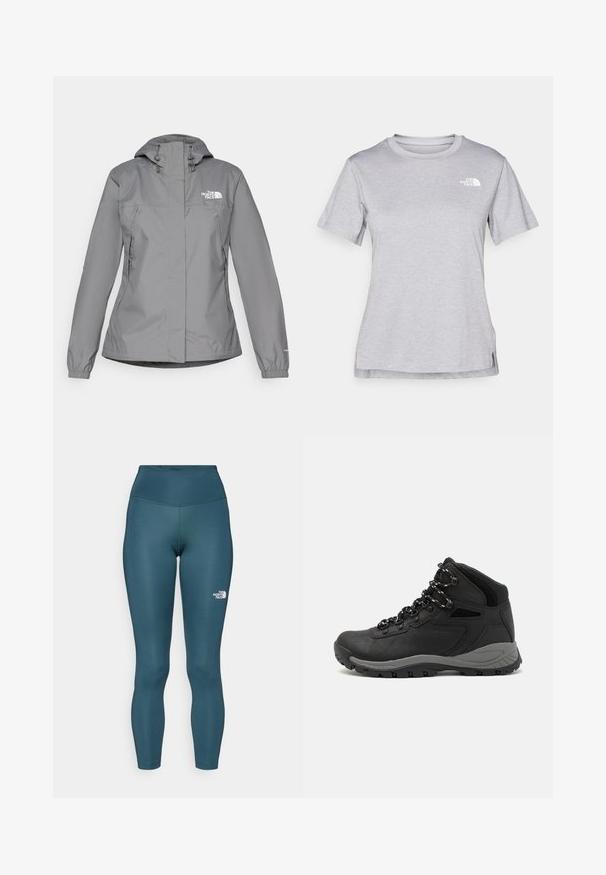 Veste imperméable grise avec capuche, présentant des poignets élastiques, des poches latérales zippées et un logo blanc sur la poitrine gauche. Texture lisse.; T-shirt gris à manches courtes fabriqué en tissu doux et évacuant l'humidité. Il présente un col rond et un petit logo blanc en haut à gauche.; Leggings taille haute teal en tissu extensible. Présentent un petit logo blanc sur le côté gauche et des coutures décoratives le long des seams.; Botte de randonnée noire au design mi-haut, avec un dessus texturé, des accents gris et une semelle en caoutchouc durable avec des crampons de traction.