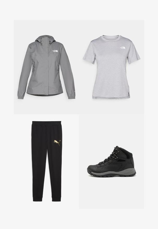 Jachetă impermeabilă gri cu glugă, cu mansete elastice, buzunare laterale cu fermoar și un logo alb pe pieptul stâng. Textură netedă.; Tricou scurt cu mânecă gri, fabricat dintr-un material moale, care absoarbe umezeala. Are un guler rotund și un mic logo alb în partea stângă sus.; Pantaloni de trening negri cu un logo Puma auriu. Fabbricați dintr-un material moale, au un brâu elastic și picioare conice cu glezne cu manșete.; Botă de drumeție neagră cu un design mediu, având un material texturat, accente gri și o talpă din cauciuc durabilă cu crampoane pentru aderență.