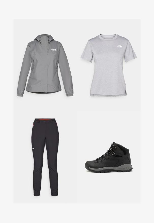 Siva vodoodporna jakna s kapuco, z elastičnimi manšetami, z zippered stranskimi žepi in belim logotipom na levem prsnem delu. Gladka tekstura.; Siva kratka majica s kratkimi rokavi, izdelana iz mehkega, vlago odvračajočega materiala. Ima okroglo izrez in majhen bel logotip na zgornji levi strani.; Salewa PEDROC PANT - Hlače za na prostem - black out; Črne pohodniške čevlje z srednje visokim dizajnom, ki imajo teksturirano zgornji del, sivi dodatki in vzdržljiv gumen podplat s protizdrsnimi izboklinami.