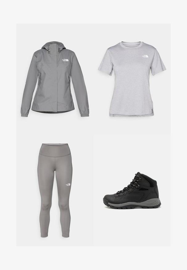 Gray waterproof jacket with a hood, featuring elastic cuffs, zippered side pockets, and a white logo on the left chest. Smooth texture.; Grey short-sleeve t-shirt made of soft, moisture-wicking fabric. Features a crew neck and a small white logo on the upper left.; Gray leggings made from a stretchy material, featuring a high waistband and the Northern Face logo in white on the left leg.; Black hiking boot with a mid-top design, featuring a textured upper, gray accents, and durable rubber sole with traction lugs.