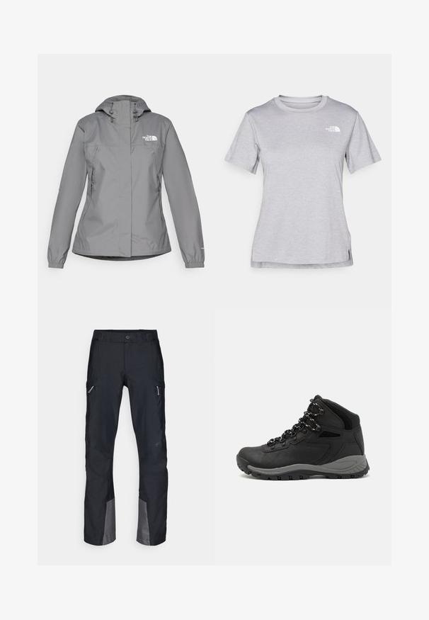 Harmaa vedenpitävä takki hupulla, jossa on joustavat hihansuut, vetoketjulliset sivutaskut ja valkoinen logo vasemmassa rinnassa. Silkkinen tekstuuri.; Harmaa lyhythihainen t-paita, joka on valmistettu pehmeästä, kosteutta siirtävästä kankaasta. Siinä on pyöreä kaula-aukko ja pieni valkoinen logo vasemmassa yläkulmassa.; Mustat cargo-housut, jotka on valmistettu kestävästä kankaasta. Niissä on sivutaskut, vahvistetut polvet ja harmaat yksityiskohdat helmoissa. Suunniteltu ulkokäyttöön.; Musta vaelluskenkä, jossa on puolivartinen muotoilu, jolle on ominaista teksturoitu päällinen, harmaat yksityiskohdat ja kestävä kumipohja, jossa on pitoita lisääviä lukuja.